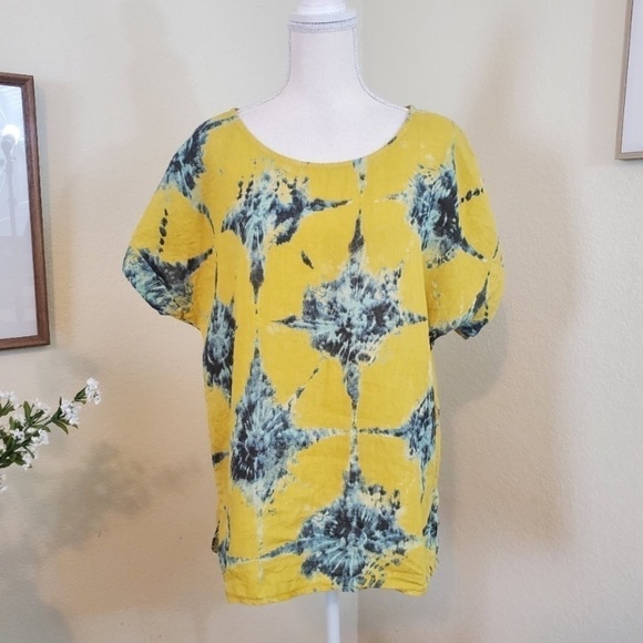 Bellambia Size Small Linen Boxy Fit Blouse Top Italy Made Yellow Blue Boho - Picture 1 of 7